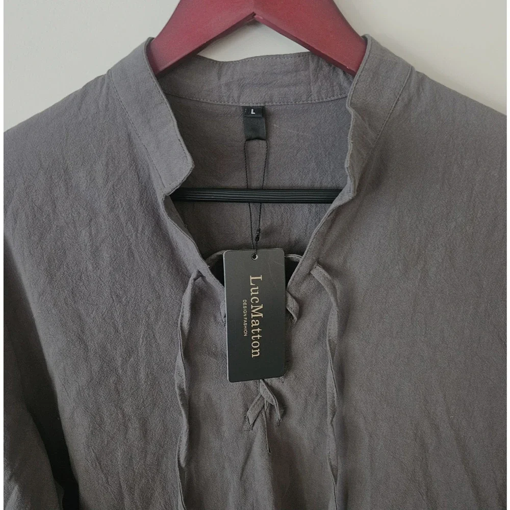 Luc Matton NWT Men's Summer T-Shirt V-Neck Drawstring Tied Collar Long Sleeve L - Picture 3 of 5